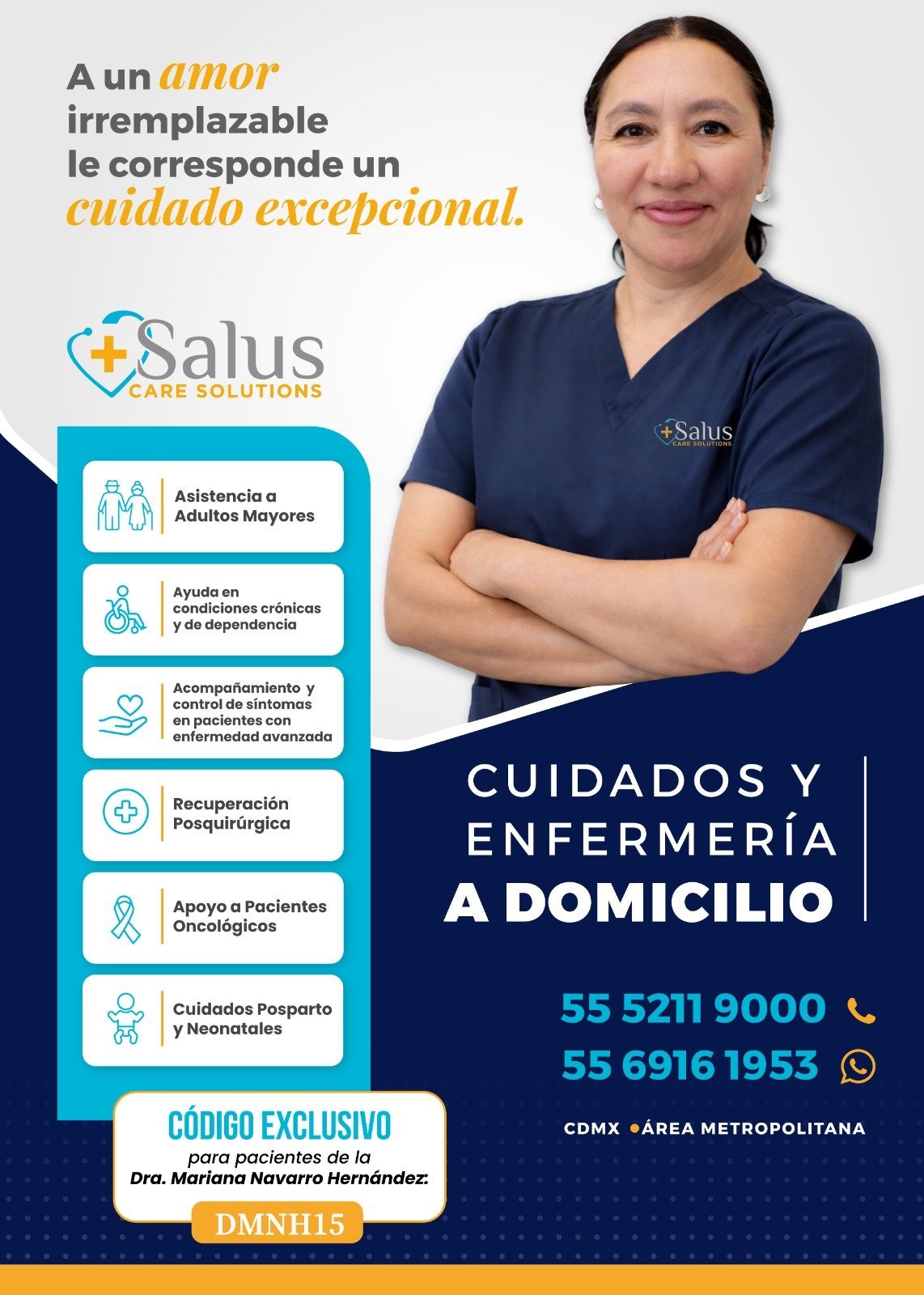 Banner de Salus Care Solutions: profesional de la salud con scrubs azules, promoción de cuidados y enfermería a domicilio en CDMX y área metropolitana, con teléfonos 55 5211 9000 y 55 6916 1953.
